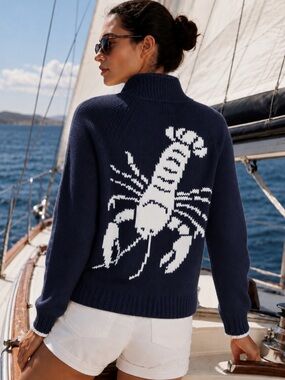 Varsity Shawl Collar Navy White Lobster Intarsia Cardigan Sweater